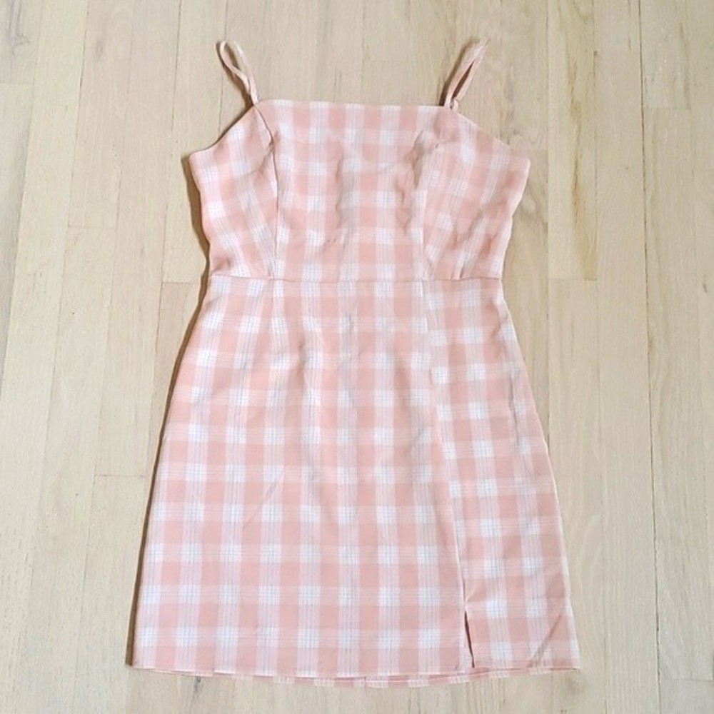 EUC BP. Womens Plaid Square Neck Mini Sundress Coral White Checkered Size M - Picture 3 of 9